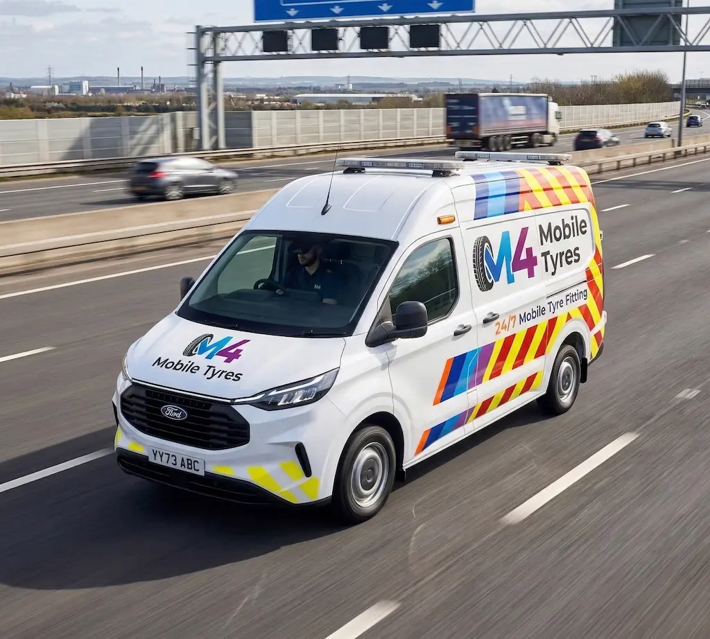 M4 Mobile Tyres service van driving on motorway providing emergency mobile tyre fitting across Cardiff Newport and Swansea